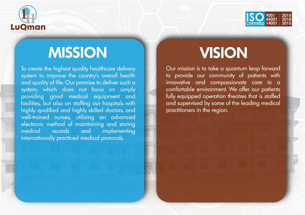 Vision, mission, and hospital policy display at LuQman International Hospital